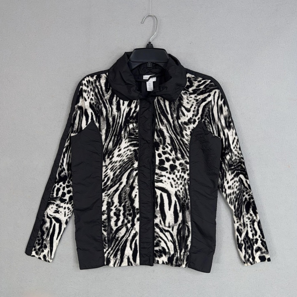 Chico's Zenergy Jacket Womens 0 Black White Animal Print Knit Zip Pockets Travel